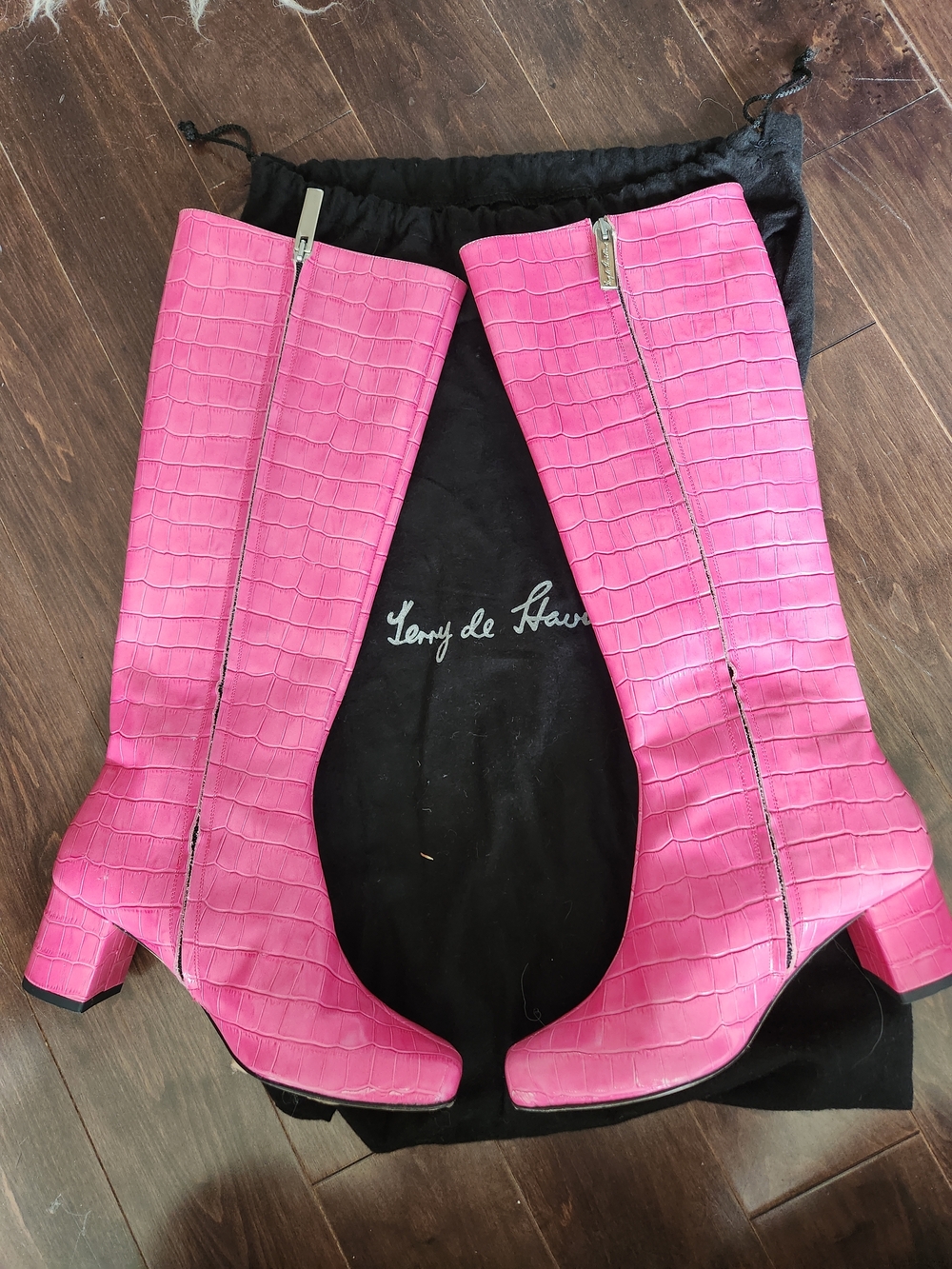 Hot Pink Croc-Embossed Knee Boots - Terry de Havilland